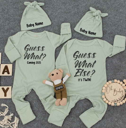 Guess What Else It's Twin Custom Name Baby Hat & Bodysuit Funny Newborn Announcement Set Gift For New Parents Distressed Font Style