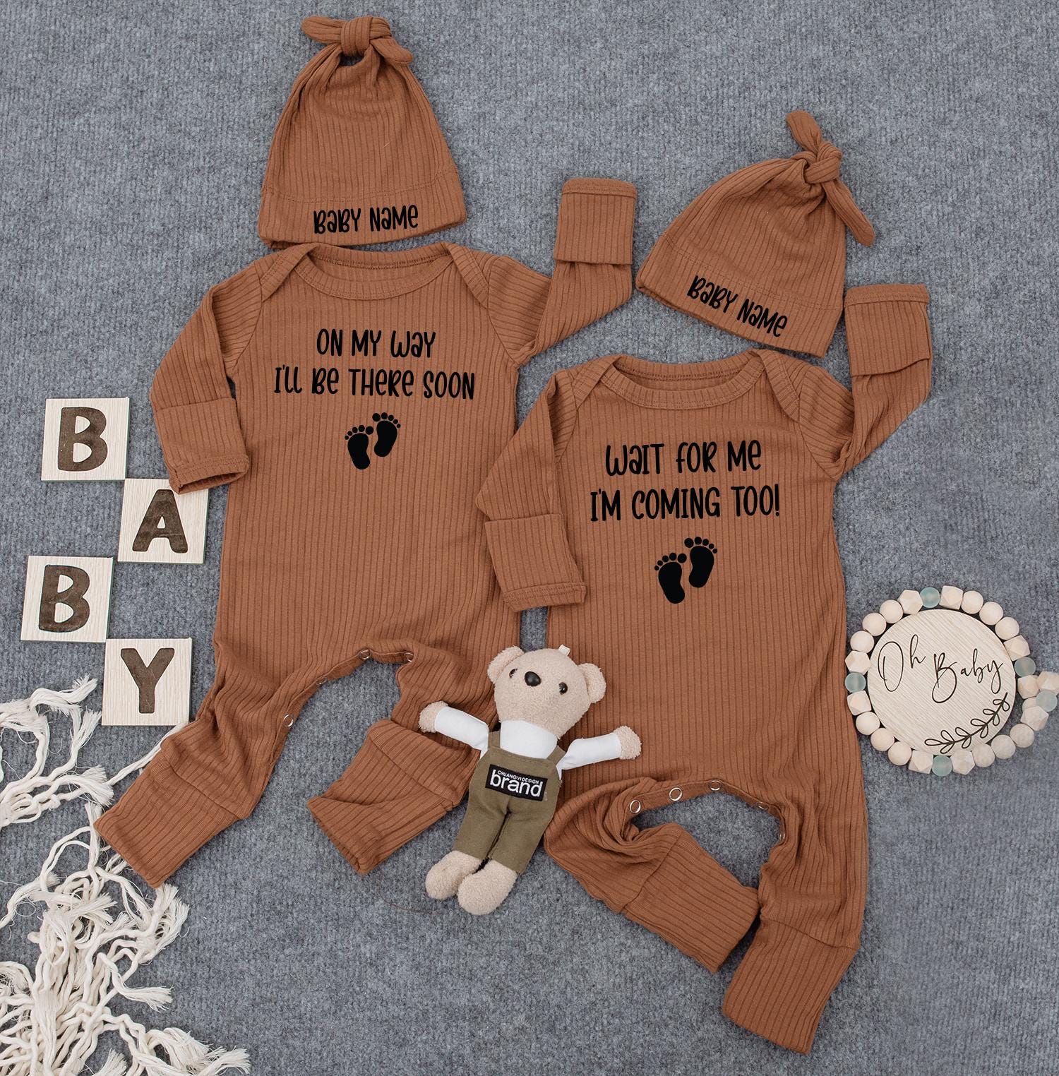 Custom Twin Baby Announcement Set: 'On My Way' & 'Wait For Me' Bodysuits with Hats & Footprint Graphic - Twin Gift