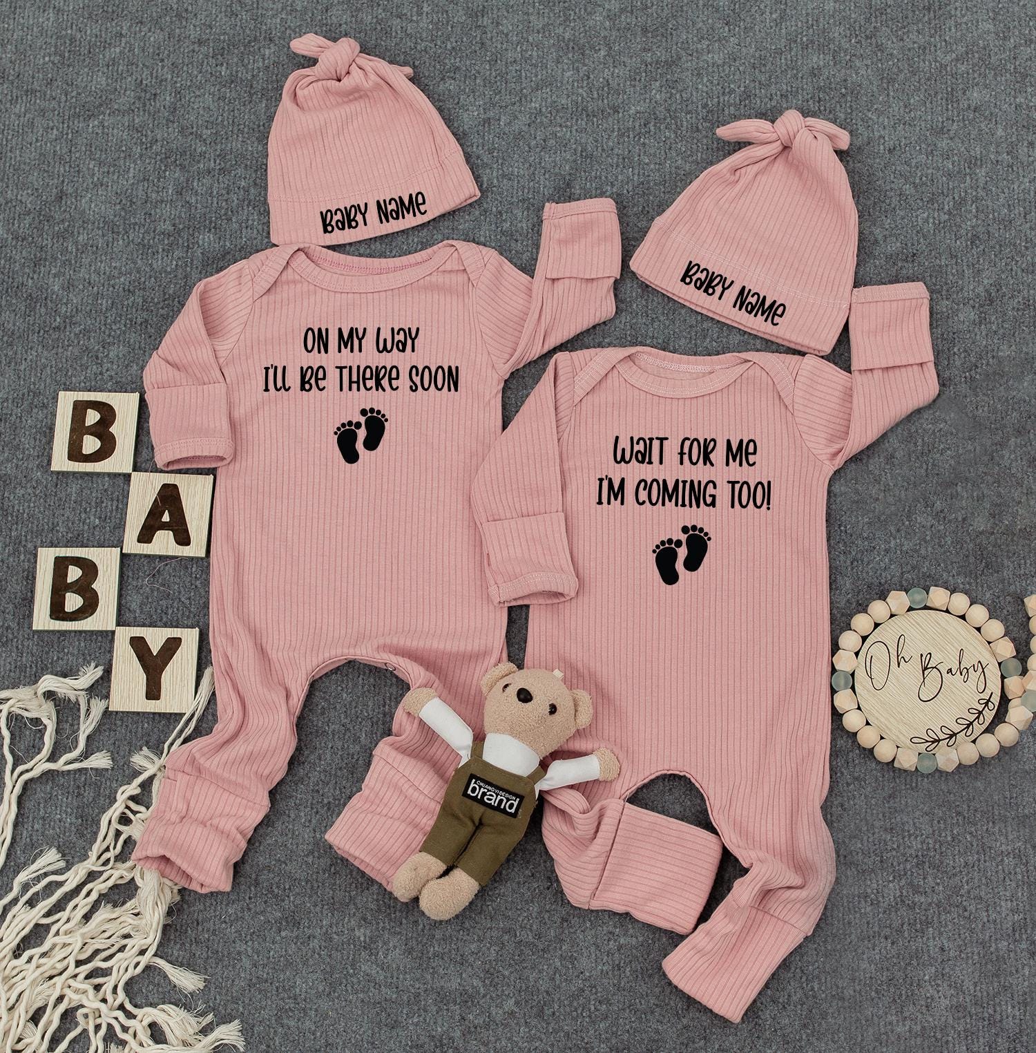 Custom Twin Baby Announcement Set: 'On My Way' & 'Wait For Me' Bodysuits with Hats & Footprint Graphic - Twin Gift