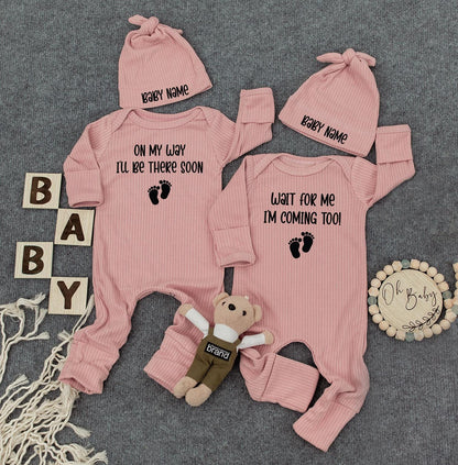 Custom Twin Baby Announcement Set: 'On My Way' & 'Wait For Me' Bodysuits with Hats & Footprint Graphic - Twin Gift