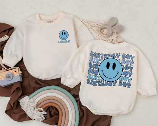 Personalized First Birthday Boy Romper Blue Checkered Outfit Newborn Bubble Baby Clothes Toddler 1st Bday Smash Cake Shower Gift Cute