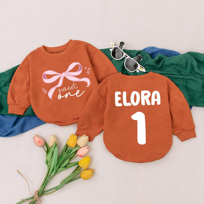 Pink Bow First Birthday Romper Baby Girl Outfit Custom Name Infant Bodysuit Shower Gift