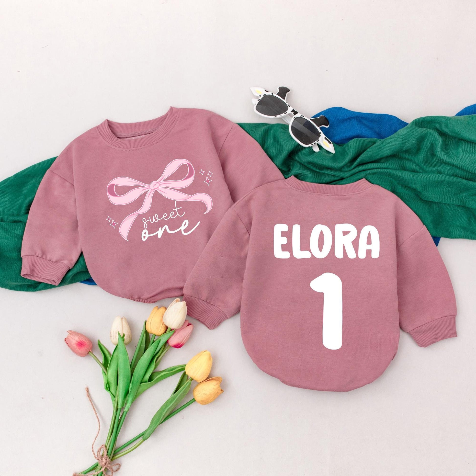 Pink Bow First Birthday Romper Baby Girl Outfit Custom Name Infant Bodysuit Shower Gift