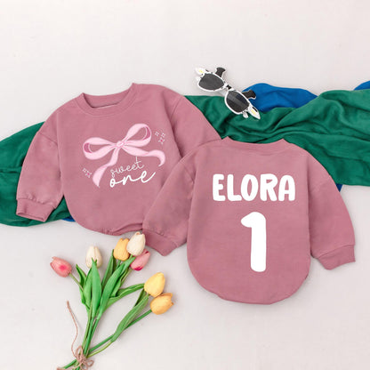 Pink Bow First Birthday Romper Baby Girl Outfit Custom Name Infant Bodysuit Shower Gift