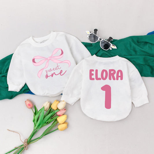 Pink Bow First Birthday Romper Baby Girl Outfit Custom Name Infant Bodysuit Shower Gift