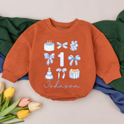 Custom First Birthday Boy Romper Blue Outfit Personalized 1st Birthday Shirt Infant Bodysuit Name Birthday Gift Cute One Year Old Party Clothes (138 chars)