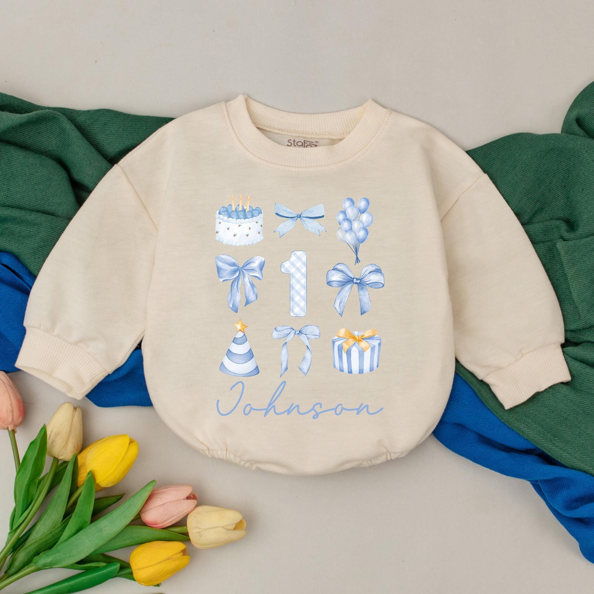Custom First Birthday Boy Romper Blue Outfit Personalized 1st Birthday Shirt Infant Bodysuit Name Birthday Gift Cute One Year Old Party Clothes (138 chars)