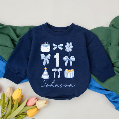 Custom First Birthday Boy Romper Blue Outfit Personalized 1st Birthday Shirt Infant Bodysuit Name Birthday Gift Cute One Year Old Party Clothes (138 chars)