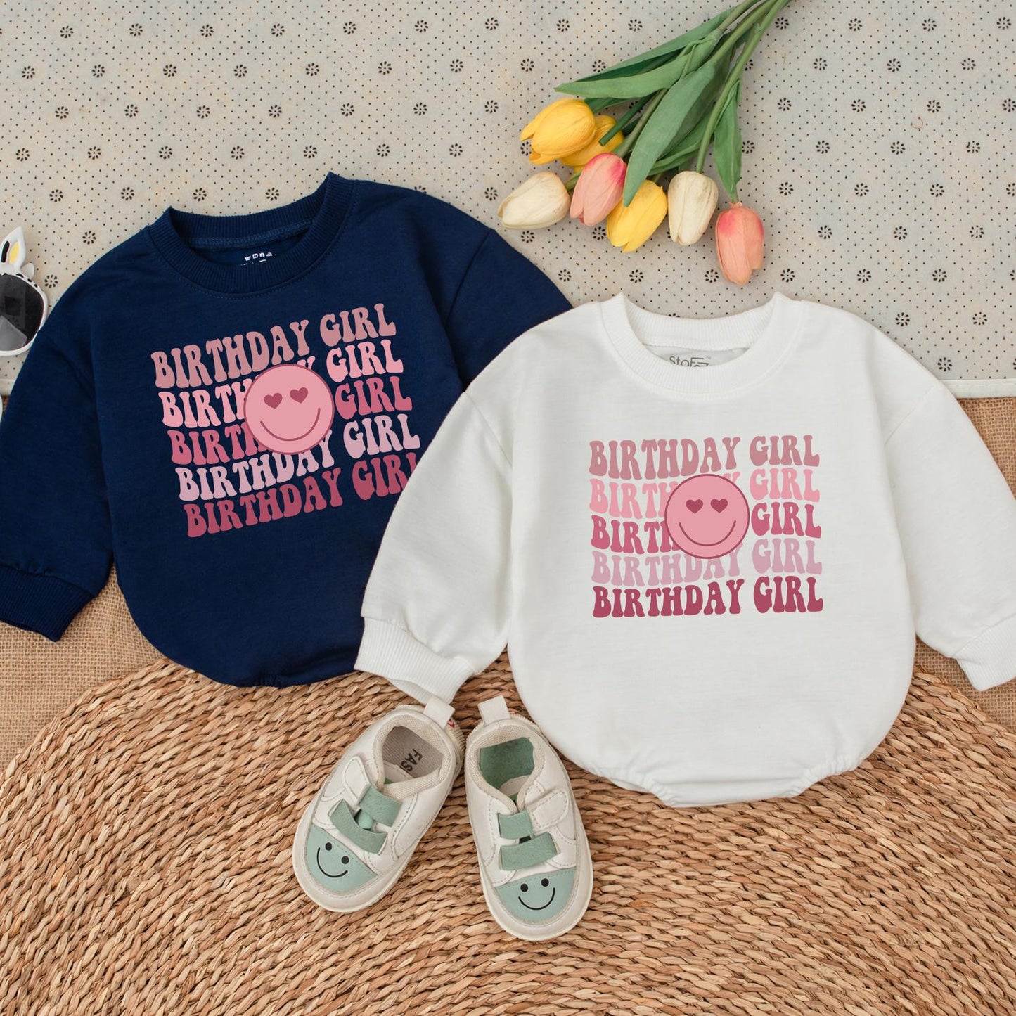 Birthday Girl Romper Pink Block Lettering, Smiley Face Design, & Jessica's 1st Bday Outfit Baby Girl, Toddler Romper Gift