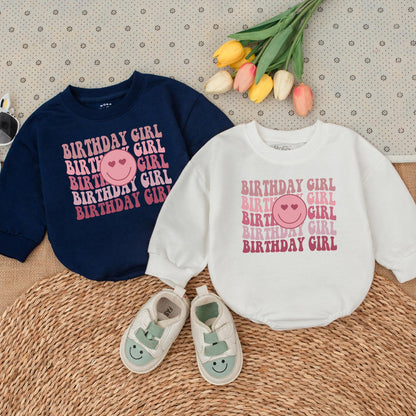 Birthday Girl Romper Pink Block Lettering, Smiley Face Design, & Jessica's 1st Bday Outfit Baby Girl, Toddler Romper Gift