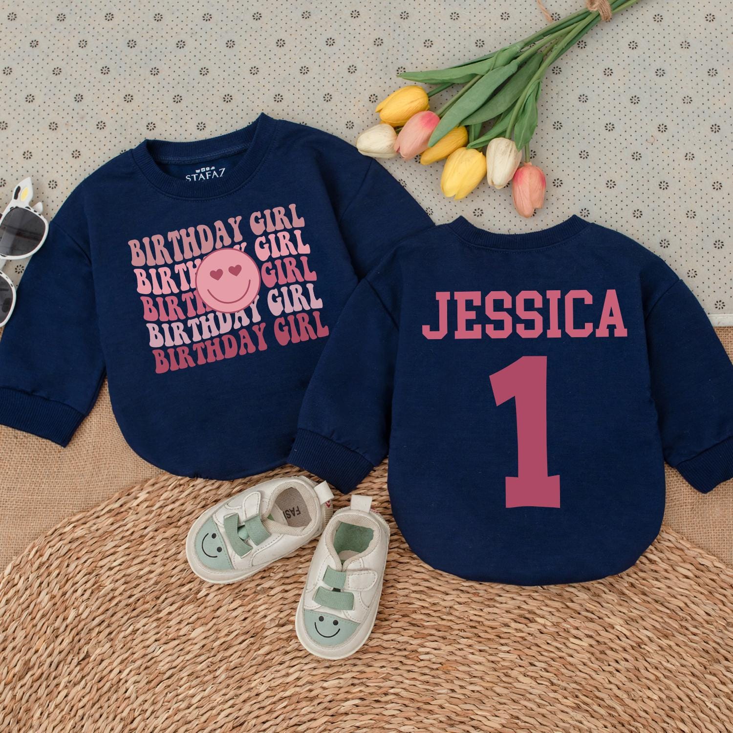 Birthday Girl Romper Pink Block Lettering, Smiley Face Design, & Jessica's 1st Bday Outfit Baby Girl, Toddler Romper Gift