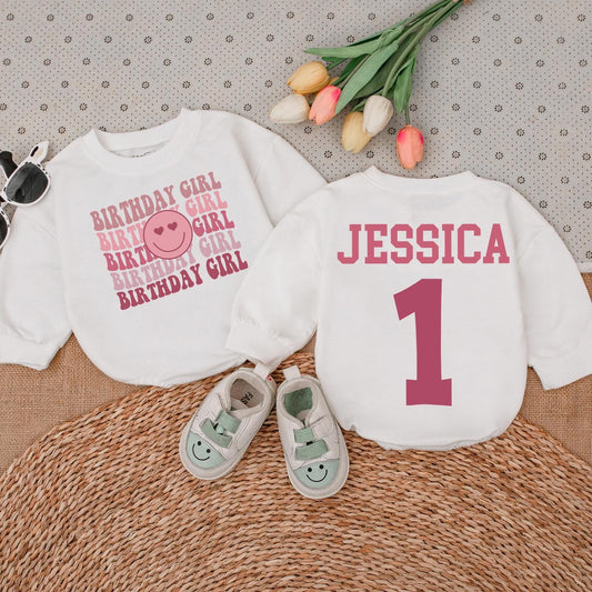 Birthday Girl Romper Pink Block Lettering, Smiley Face Design, & Jessica's 1st Bday Outfit Baby Girl, Toddler Romper Gift