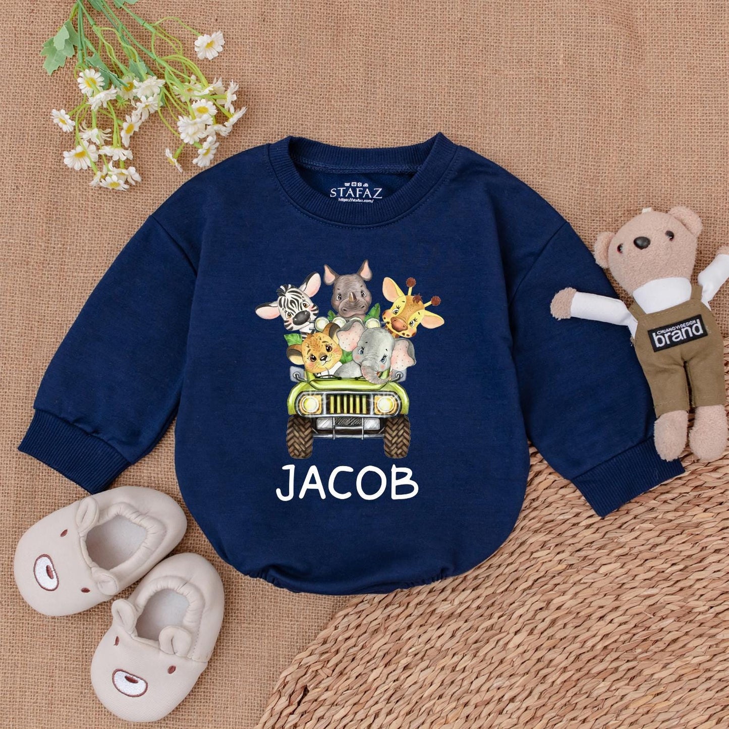 Personalized Safari Animals Name Romper for Baby Boy First Birthday Wild One Jungle Party Outfit Green Vehicle