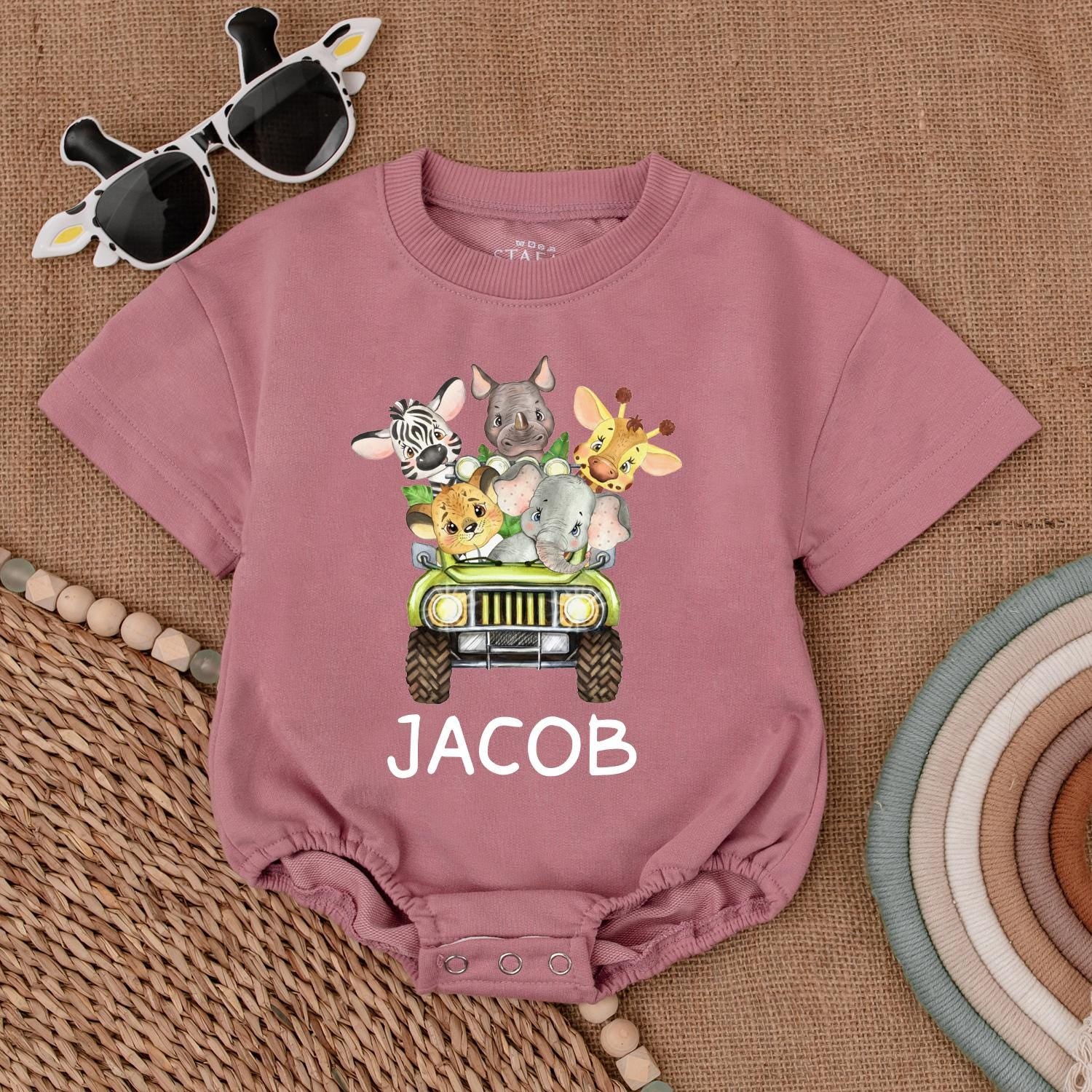 Personalized Safari Animals Name Romper for Baby Boy First Birthday Wild One Jungle Party Outfit Green Vehicle