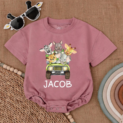 Personalized Safari Animals Name Romper for Baby Boy First Birthday Wild One Jungle Party Outfit Green Vehicle