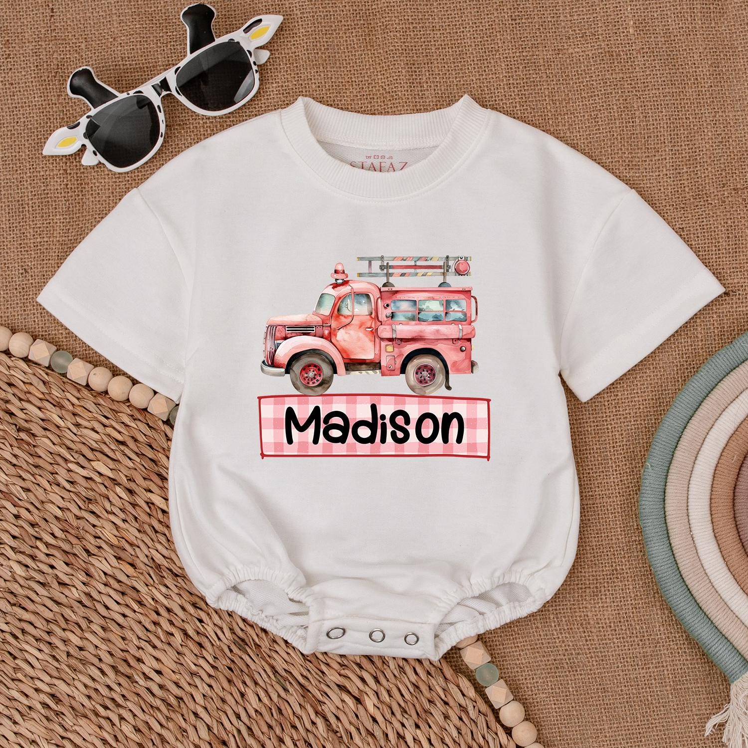 Custom Firetruck Name Romper for Baby Boys First Birthday Gift Firefighter Toddler Shirt Newborn Fire Truck Outfit