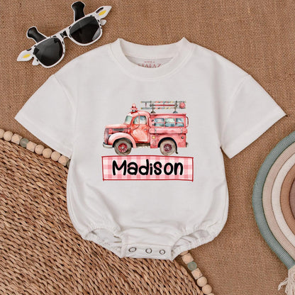 Custom Firetruck Name Romper for Baby Boys First Birthday Gift Firefighter Toddler Shirt Newborn Fire Truck Outfit