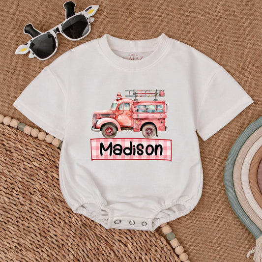 Custom Firetruck Name Romper for Baby Boys First Birthday Gift Firefighter Toddler Shirt Newborn Fire Truck Outfit