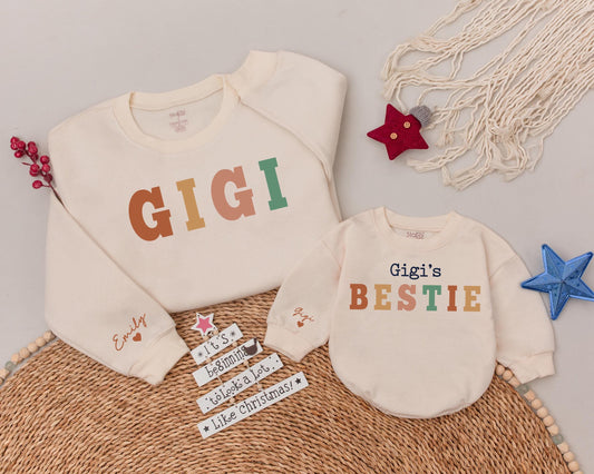 Custom Name Gigi and Bestie Matching Sweatshirts and Baby Romper Set Granddaughter Niece Gift Soft Cozy Cotton Apparel for Grandma