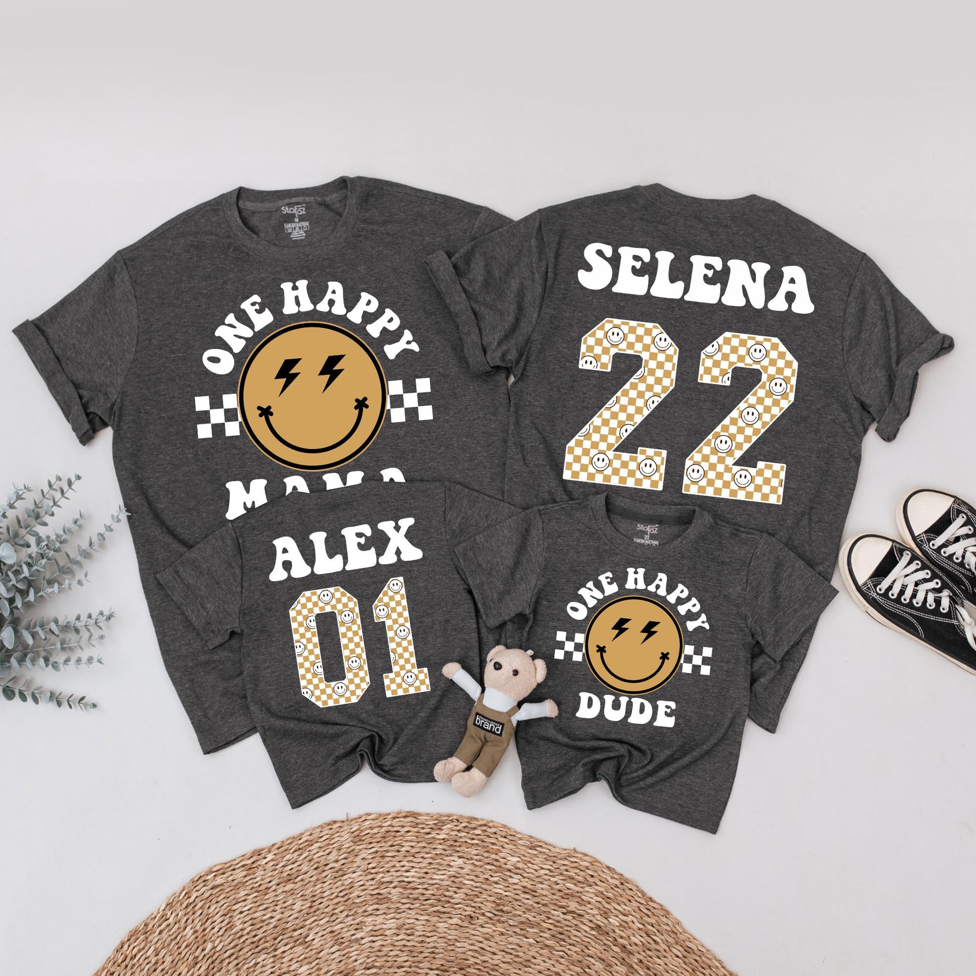 One Happy Dude Birthday Shirt Retro Black Gold Lightning Smile Family Matching 1st Birthday Outfit Baby Boy Toddler Mommy Me Gift