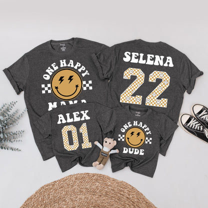 One Happy Dude Birthday Shirt Retro Black Gold Lightning Smile Family Matching 1st Birthday Outfit Baby Boy Toddler Mommy Me Gift