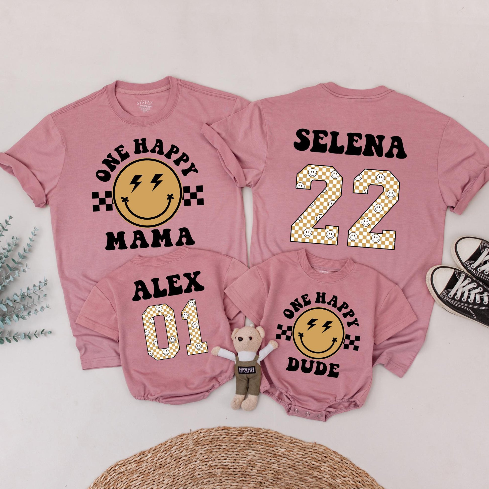 One Happy Dude Birthday Shirt Retro Black Gold Lightning Smile Family Matching 1st Birthday Outfit Baby Boy Toddler Mommy Me Gift