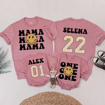 Matching One Happy Dude 1st Birthday Family Shirt Set: Retro Smiley Face Design with Black Fonts, Gold Checkerboard Numbers & Lightning Bolt Eyes (138 chars)