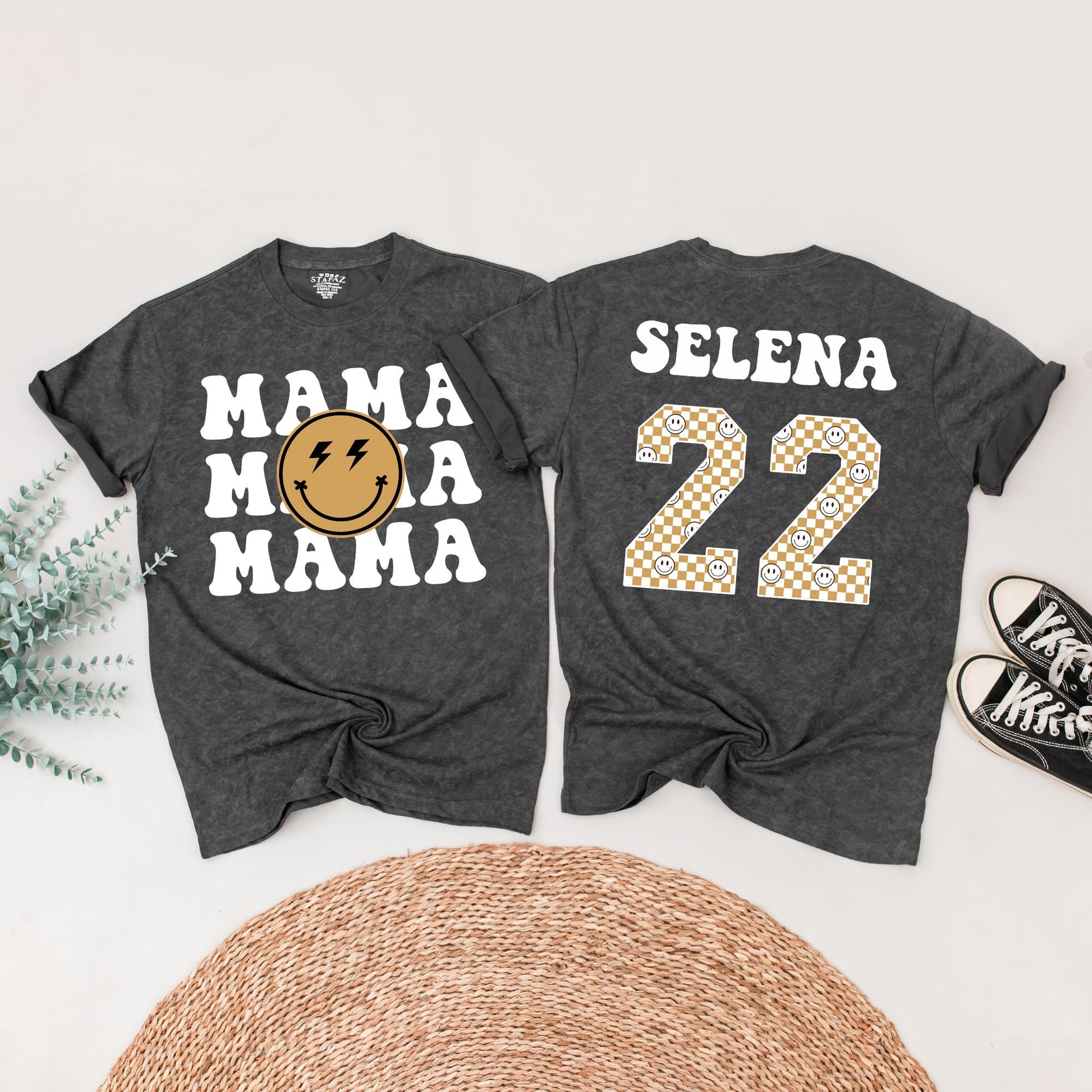 Matching One Happy Dude 1st Birthday Family Shirt Set: Retro Smiley Face Design with Black Fonts, Gold Checkerboard Numbers & Lightning Bolt Eyes (138 chars)
