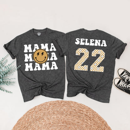 Matching One Happy Dude 1st Birthday Family Shirt Set: Retro Smiley Face Design with Black Fonts, Gold Checkerboard Numbers & Lightning Bolt Eyes (138 chars)