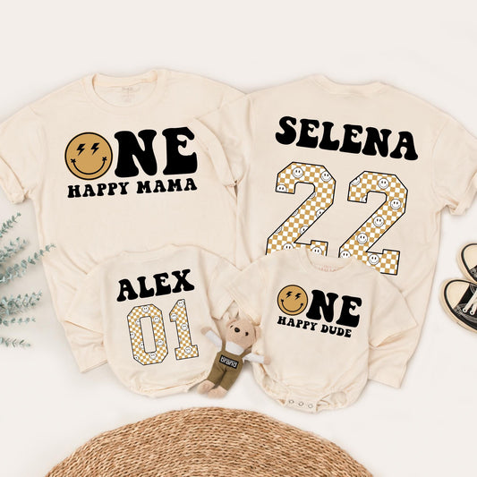 One Happy Dude Retro Birthday Shirt: Matching Family Celebration with Brown Smiley Face & Lightning Bolt Eyes, First Birthday Outfit, Playful Vintage Style