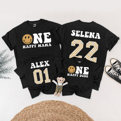 One Happy Dude Retro Birthday Shirt: Matching Family Celebration with Brown Smiley Face & Lightning Bolt Eyes, First Birthday Outfit, Playful Vintage Style