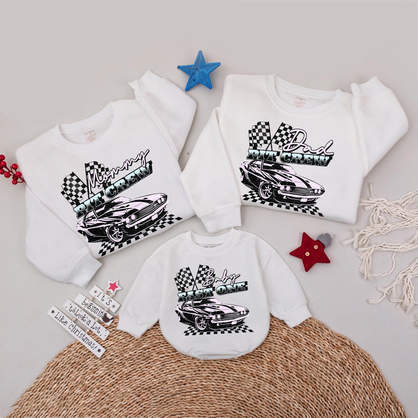 Fast One Pit Crew First Birthday Matching Family Shirts, Retro Race Car Party Apparel with Holographic Sparkle Flags