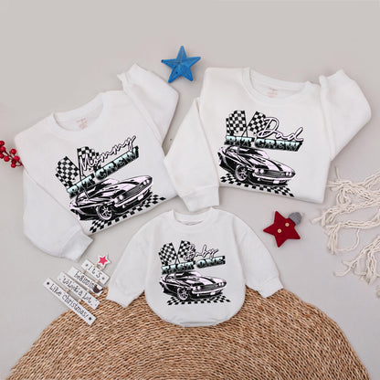 Fast One Pit Crew First Birthday Matching Family Shirts, Retro Race Car Party Apparel with Holographic Sparkle Flags