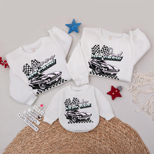 Fast One Pit Crew First Birthday Matching Family Shirts, Retro Race Car Party Apparel with Holographic Sparkle Flags
