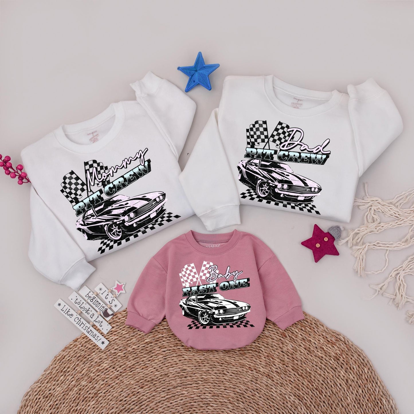 Fast One Pit Crew First Birthday Matching Family Shirts, Retro Race Car Party Apparel with Holographic Sparkle Flags