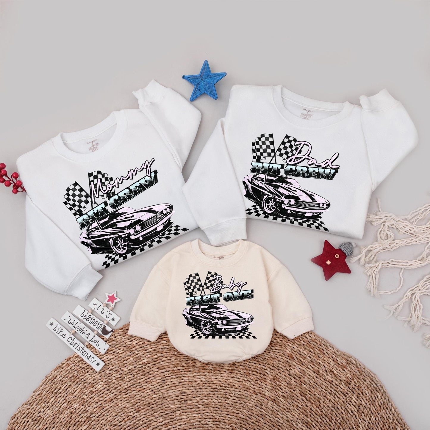 Fast One Pit Crew First Birthday Matching Family Shirts, Retro Race Car Party Apparel with Holographic Sparkle Flags