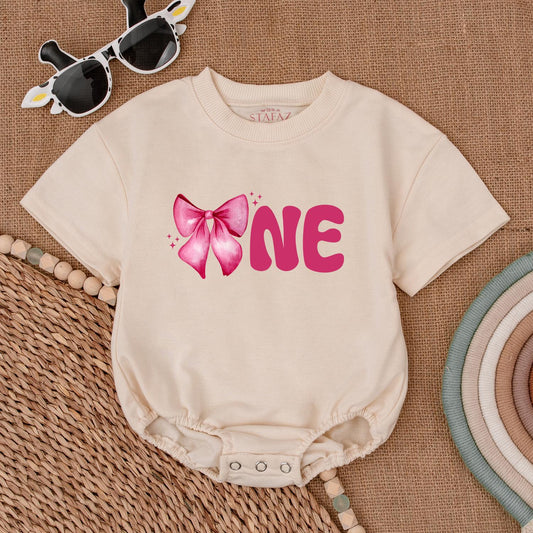 Birthday Girl Pink Bow Romper Personalized 1st Birthday Outfit Baby Girl Clothes Soft Cotton Bodysuit, Pink Bow Party Coquette Gift Newborn (139 chars)