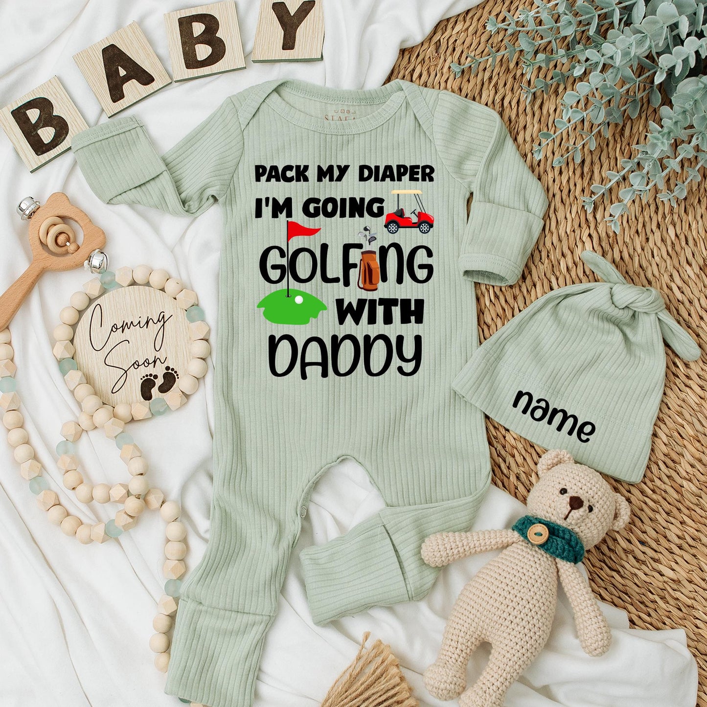 Baby Golf Bodysuit & Hat Set Pack My Diaper I'm Going Golfing Daddy Funny Infant Newborn Shower Gift