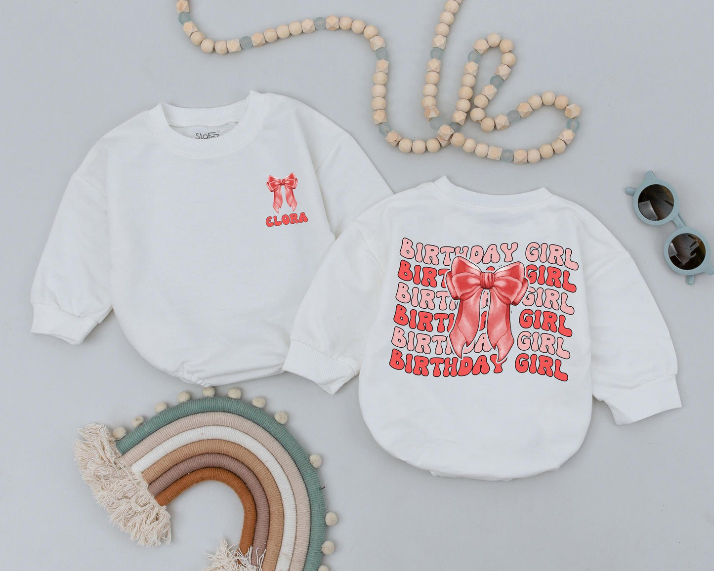 Personalized Retro Bow Birthday Girl Bubble Romper Baby Girl Outfit for First Birthday Party Cute Bow Bodysuit with Name Toddler Clothes