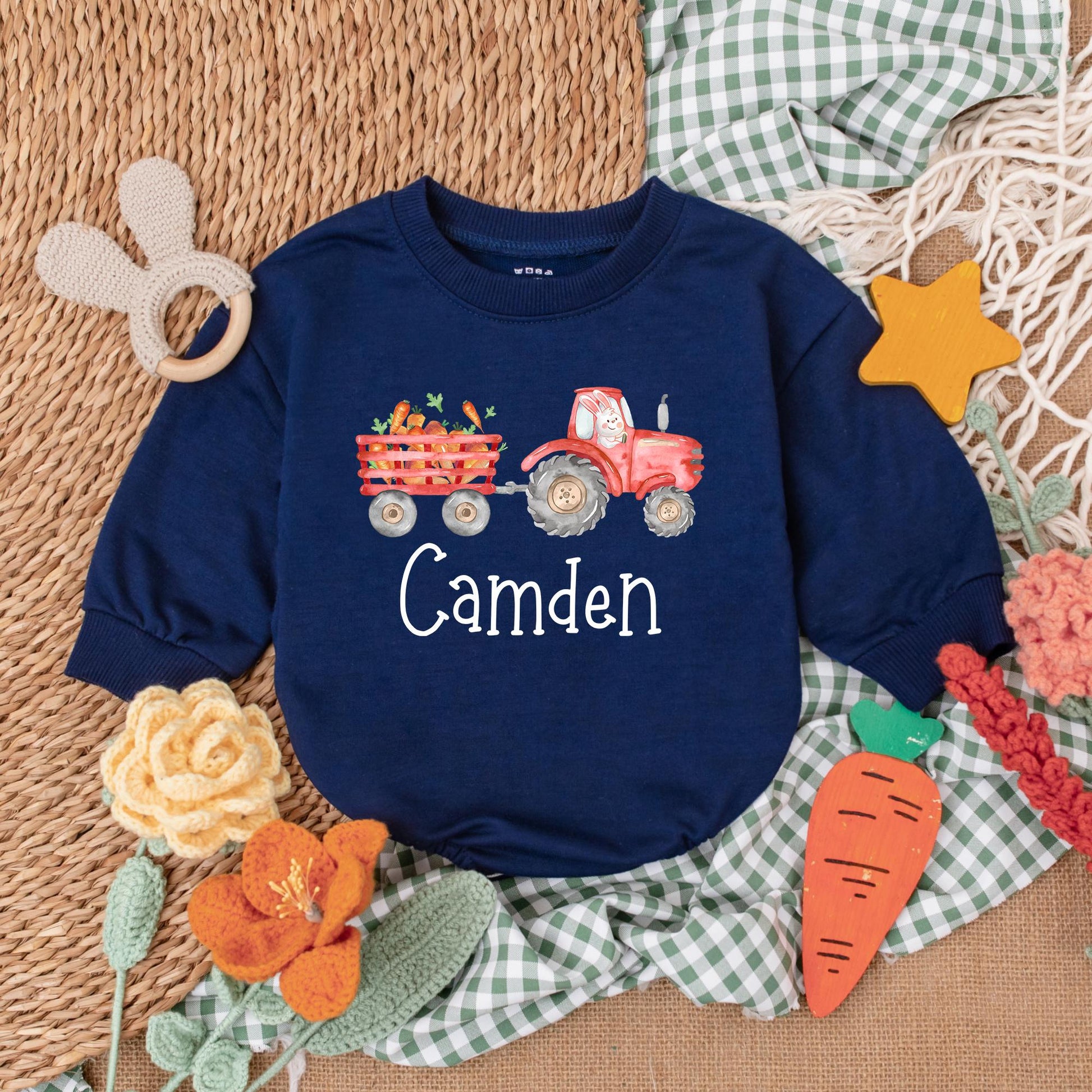 Personalized Easter Tractor Baby Boy Romper, Farmer Bunny Bodysuit Gift for First Easter Outfit, Baby Shower Present Custom Name