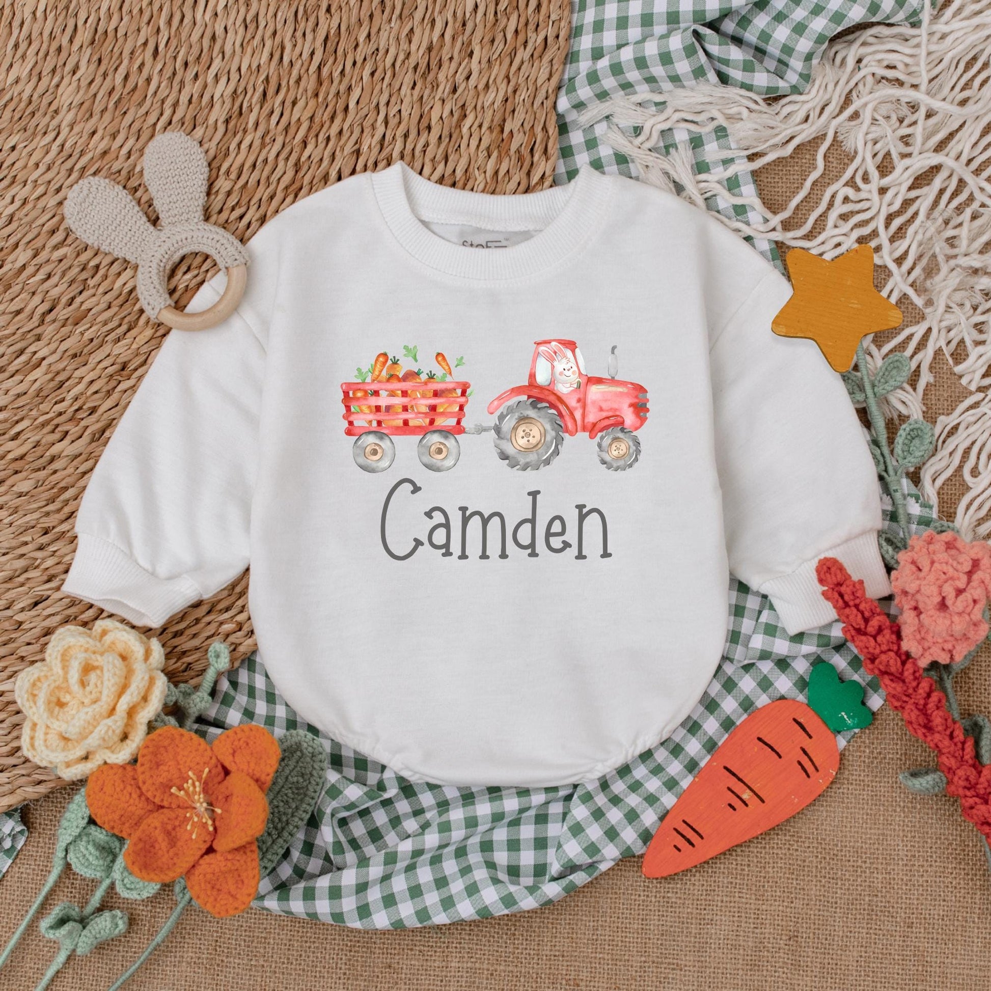 Personalized Easter Tractor Baby Boy Romper, Farmer Bunny Bodysuit Gift for First Easter Outfit, Baby Shower Present Custom Name