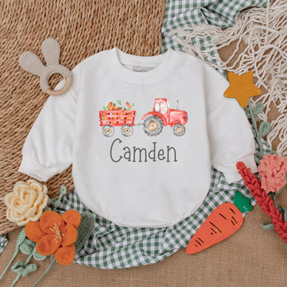 Personalized Easter Tractor Baby Boy Romper, Farmer Bunny Bodysuit Gift for First Easter Outfit, Baby Shower Present Custom Name