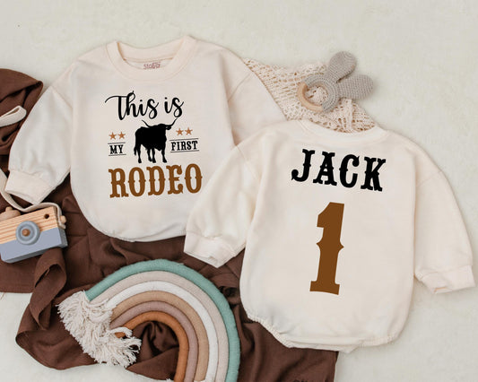 This Is My First Rodeo Cowgirl Bubble Romper Personalized Name Retro Western Baby Girl Bodysuit Birthday Cowboy Outfit