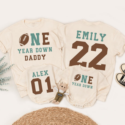 One Year Down Football Birthday Family Shirts Sea Green Brown, Alex & Emily 1st Birthday Outfit, First Touchdown Party, Daddy Son Matching Tees 01, 22
