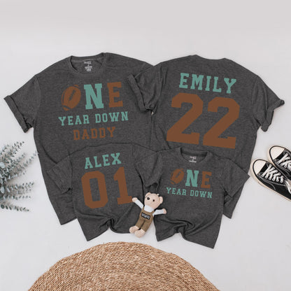One Year Down Football Birthday Family Shirts Sea Green Brown, Alex & Emily 1st Birthday Outfit, First Touchdown Party, Daddy Son Matching Tees 01, 22
