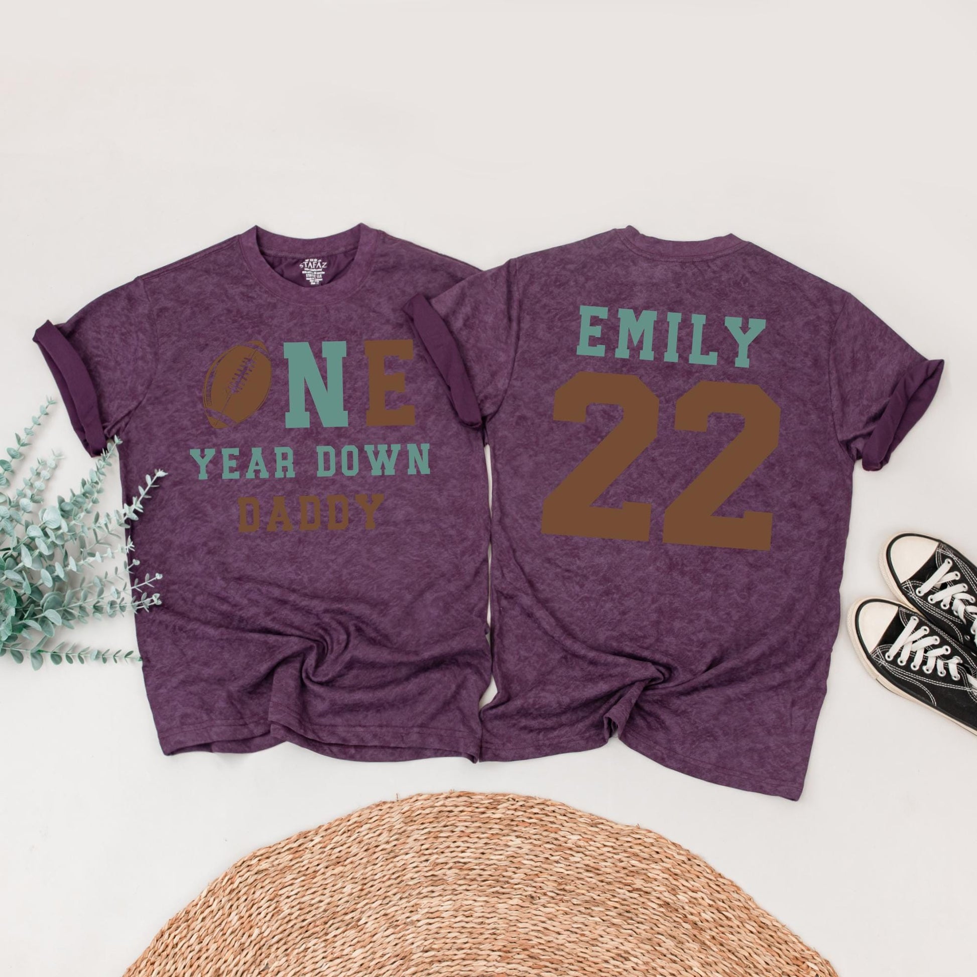 One Year Down Football Birthday Family Shirts Sea Green Brown, Alex & Emily 1st Birthday Outfit, First Touchdown Party, Daddy Son Matching Tees 01, 22