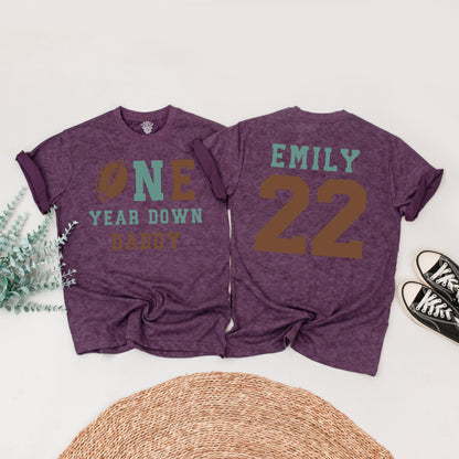 One Year Down Football Birthday Family Shirts Sea Green Brown, Alex & Emily 1st Birthday Outfit, First Touchdown Party, Daddy Son Matching Tees 01, 22
