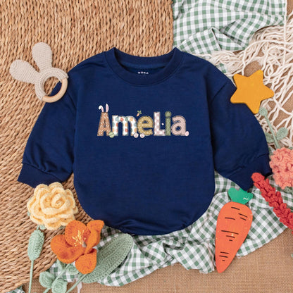 Personalized Easter Bunny Romper Baby Gift, Retro Easter Day Bodysuit, First Easter Outfit, Custom Name Bubble Romper, Baby Shower Gift (139 chars)