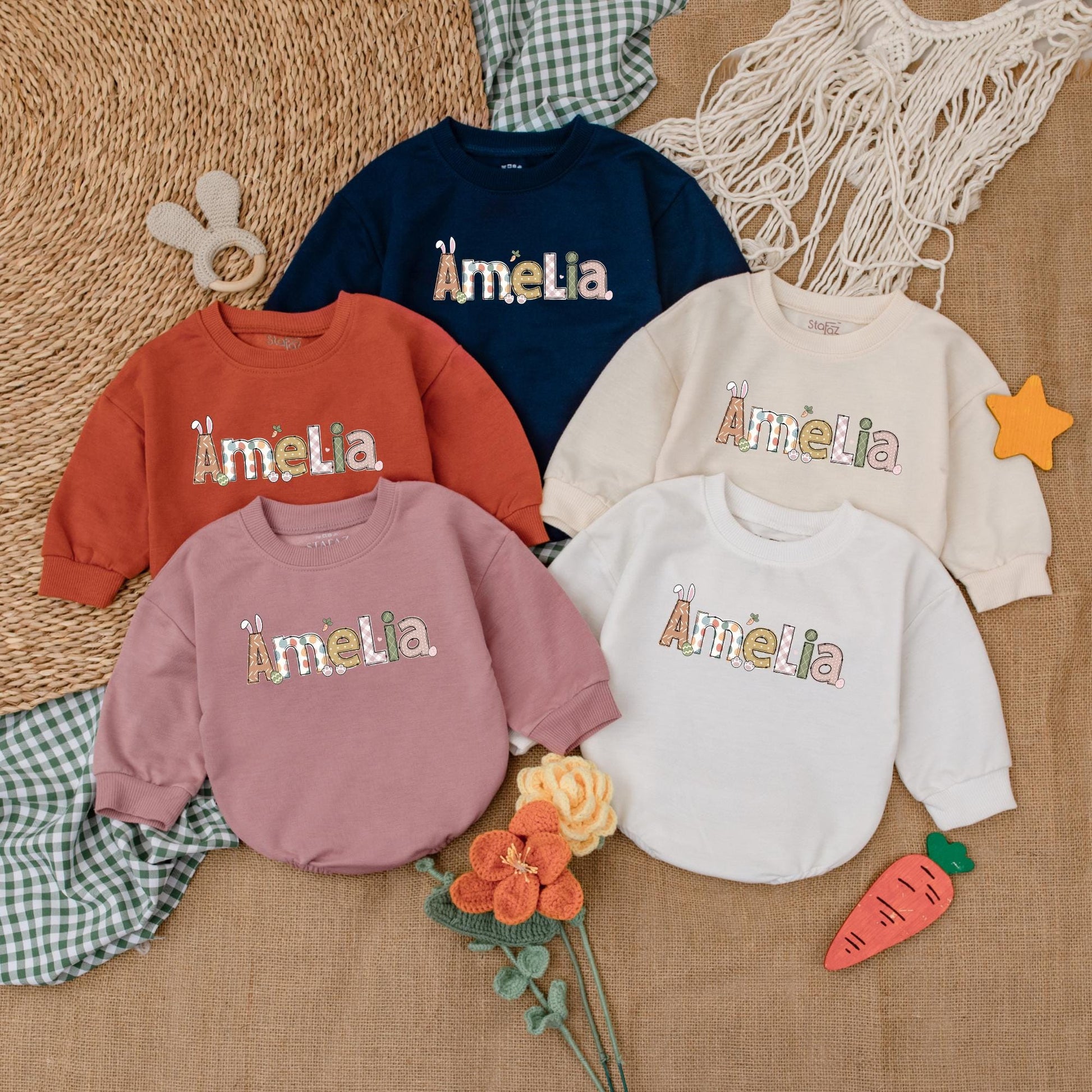 Personalized Easter Bunny Romper Baby Gift, Retro Easter Day Bodysuit, First Easter Outfit, Custom Name Bubble Romper, Baby Shower Gift (139 chars)