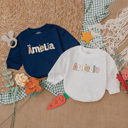 Personalized Easter Bunny Romper Baby Gift, Retro Easter Day Bodysuit, First Easter Outfit, Custom Name Bubble Romper, Baby Shower Gift (139 chars)